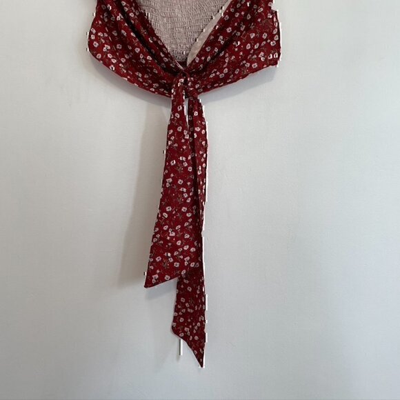 SHEIN? Rust Red White Floral Off the Shoulder Tie Bow Smocked Back Boho Crop Top - Picture 5 of 11